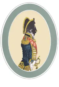Coloured oval silhoette of an Admiral in full dress uniform from category RN Dress c 1800. No text.