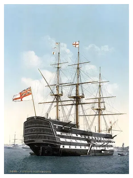 HMS Victory showing black and white paint strip in Portsmount Harbour on some date between 1890 and 1905.