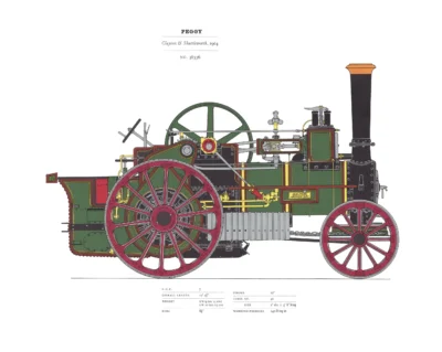 Traction engine called "Peggy" in profile from 1904 still in use for traction fairs.