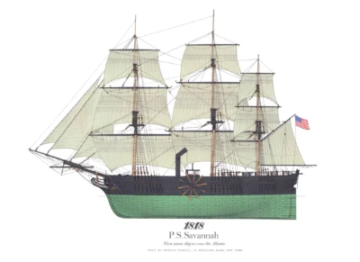 A profile of United States Paddle Steamer PS Savannah 'all standing' built in New York, 1818 as product image in Hugh Evelyn Prints.