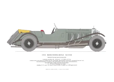 Mercedes-Benz 36/220s, 1928 in grey colour and in profile with enginering description below.