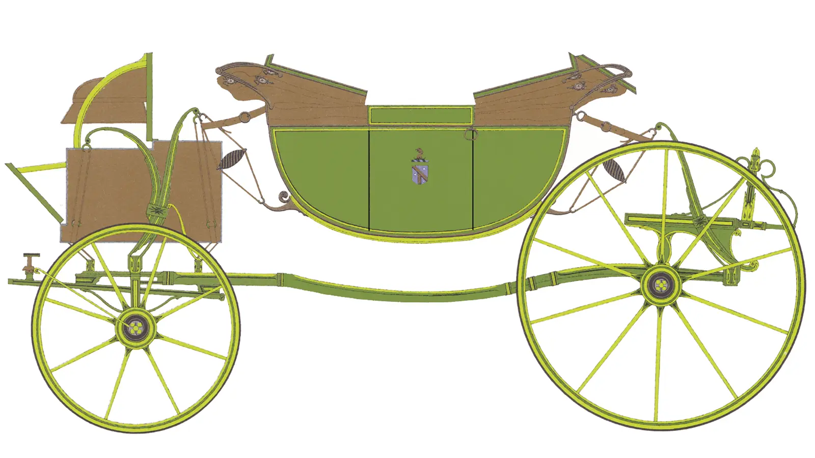 A landau or convertible 4 wheeled horse drawn carriage from category Horsedrawn Carriages. No text.