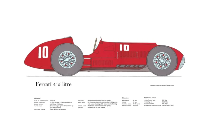 Ferrari 4.5 litre, 1951 first Ferrari to win a Formula 1 race at Silverstone in 1951 in profile with engineering details below.