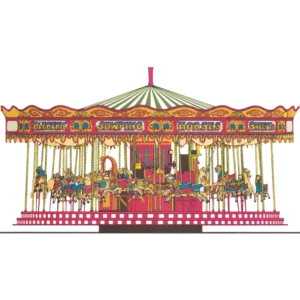 A ride of 3 abreast Galloping Horses on a roundabout (merry-go-round or carousel) at a fairground.